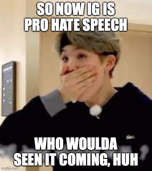 https://imgflip.com/i/5r0hb8?nerp=1634655480#com14955457 | SO NOW IG IS PRO HATE SPEECH; WHO WOULDA SEEN IT COMING, HUH | image tagged in surprised suga | made w/ Imgflip meme maker
