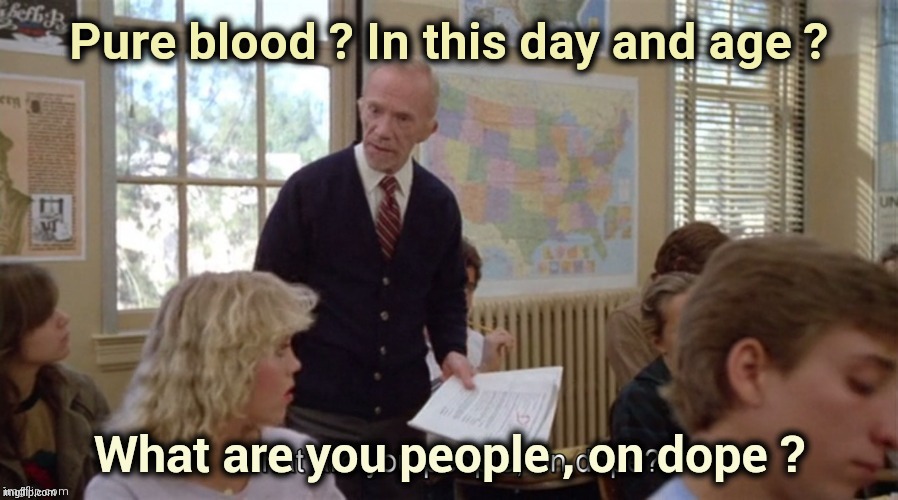 "Pure Blood" , so dumb | Pure blood ? In this day and age ? | image tagged in on dope,middle school,mentality,millenials,smart,well yes but actually no | made w/ Imgflip meme maker