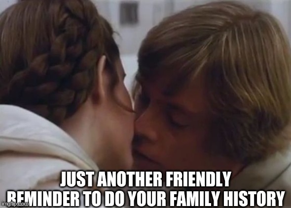 Luke and Leia | JUST ANOTHER FRIENDLY REMINDER TO DO YOUR FAMILY HISTORY | image tagged in luke and leia | made w/ Imgflip meme maker
