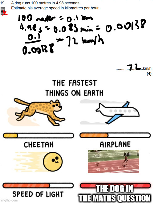 Was doing maths revision and found a superdog who runs twice as fast as Usain Bolt |  THE DOG IN THE MATHS QUESTION | image tagged in fastest thing possible,dog,funny,memes,math | made w/ Imgflip meme maker