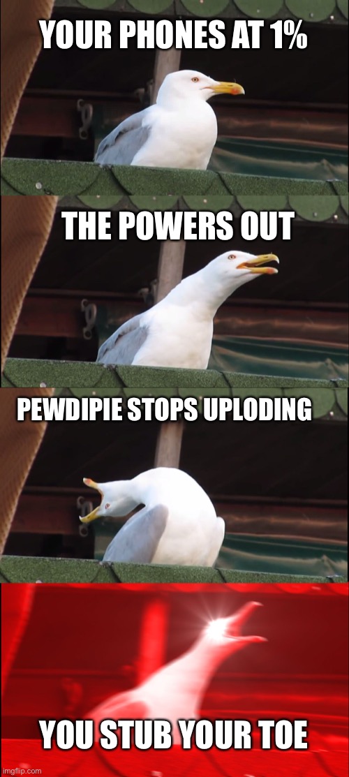 Inhaling Seagull Meme | YOUR PHONES AT 1%; THE POWERS OUT; PEWDIPIE STOPS UPLODING; YOU STUB YOUR TOE | image tagged in memes,inhaling seagull | made w/ Imgflip meme maker