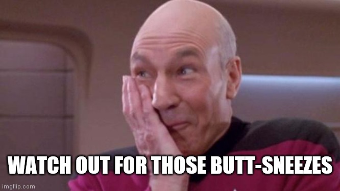 picard oops | WATCH OUT FOR THOSE BUTT-SNEEZES | image tagged in picard oops | made w/ Imgflip meme maker