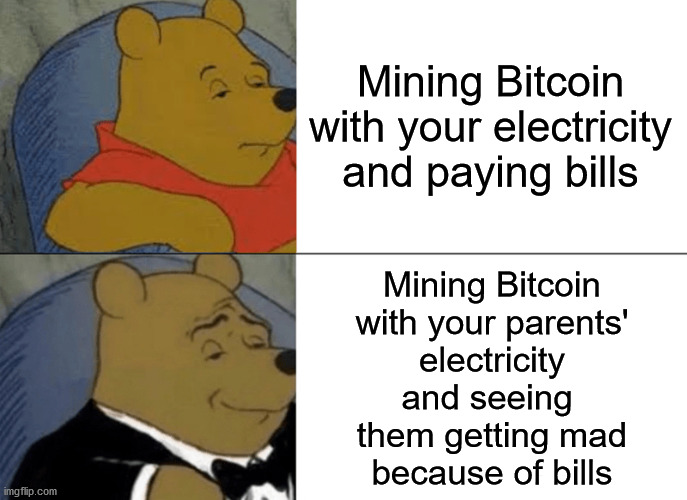 Tuxedo Winnie The Pooh Meme | Mining Bitcoin with your electricity and paying bills; Mining Bitcoin
with your parents'
electricity
and seeing 
them getting mad
because of bills | image tagged in memes,tuxedo winnie the pooh | made w/ Imgflip meme maker