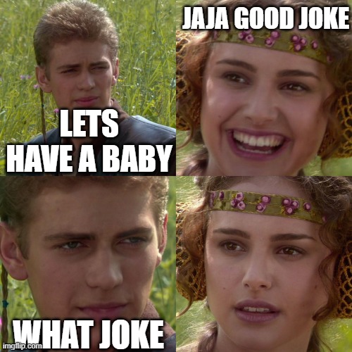 F | JAJA GOOD JOKE; LETS HAVE A BABY; WHAT JOKE | image tagged in anakin padme 4 panel | made w/ Imgflip meme maker