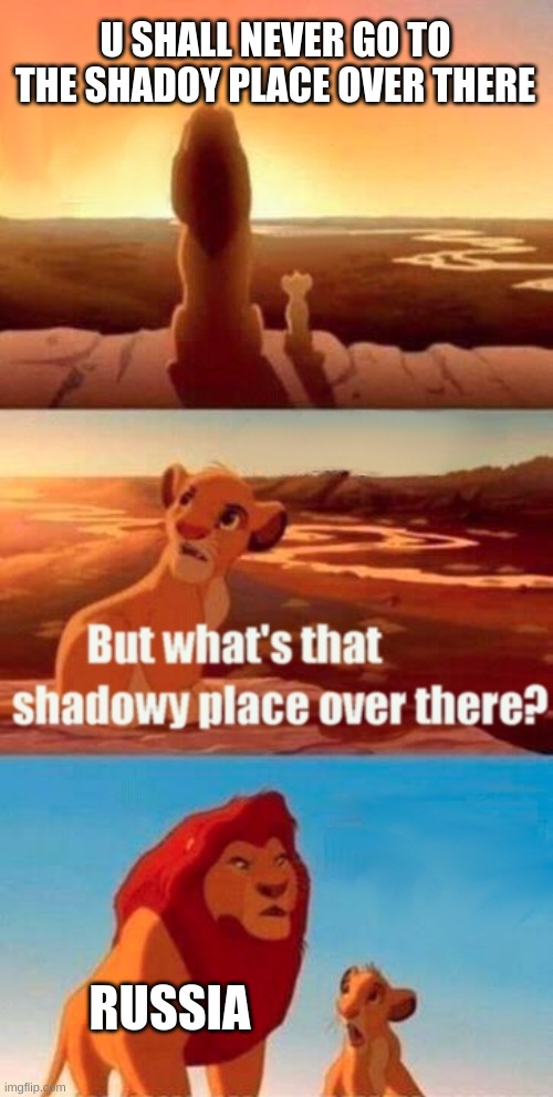 Simba Shadowy Place Meme | U SHALL NEVER GO TO THE SHADOY PLACE OVER THERE; RUSSIA | image tagged in memes,simba shadowy place | made w/ Imgflip meme maker