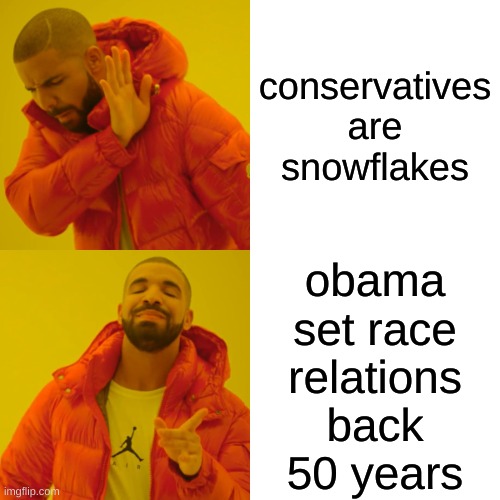 politics stream be like | conservatives are snowflakes; obama
set race
relations
back
50 years | image tagged in memes,drake hotline bling,race relations,conservative hypocrisy,racism,entitlement | made w/ Imgflip meme maker