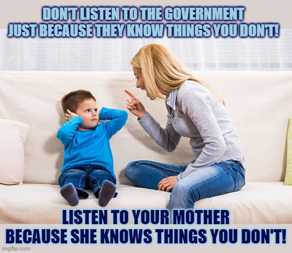 Should we only listen to ourselves? | DON'T LISTEN TO THE GOVERNMENT
JUST BECAUSE THEY KNOW THINGS YOU DON'T! LISTEN TO YOUR MOTHER
BECAUSE SHE KNOWS THINGS YOU DON'T! | image tagged in government,education,listen,not listening,trust | made w/ Imgflip meme maker