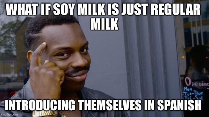 .. | WHAT IF SOY MILK IS JUST REGULAR 
MILK; INTRODUCING THEMSELVES IN SPANISH | image tagged in memes,roll safe think about it | made w/ Imgflip meme maker