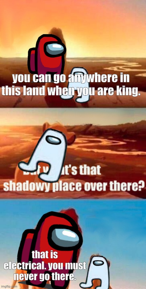 amogus | you can go anywhere in this land when you are king. that is electrical. you must never go there. | image tagged in memes,simba shadowy place | made w/ Imgflip meme maker
