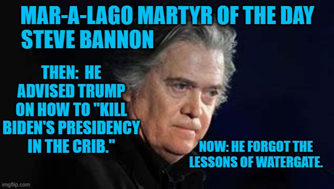 Lesson #1:  The Cover-up is worse than the crime. | MAR-A-LAGO MARTYR OF THE DAY
STEVE BANNON; THEN:  HE ADVISED TRUMP ON HOW TO "KILL BIDEN'S PRESIDENCY IN THE CRIB."; NOW: HE FORGOT THE LESSONS OF WATERGATE. | image tagged in politics | made w/ Imgflip meme maker