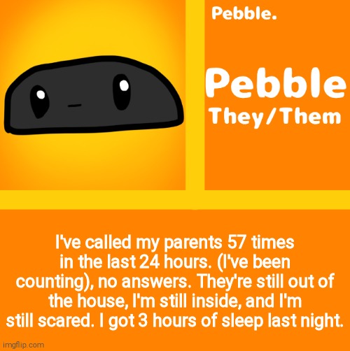 Pebble | I've called my parents 57 times in the last 24 hours. (I've been counting), no answers. They're still out of the house, I'm still inside, and I'm still scared. I got 3 hours of sleep last night. | image tagged in pebble | made w/ Imgflip meme maker