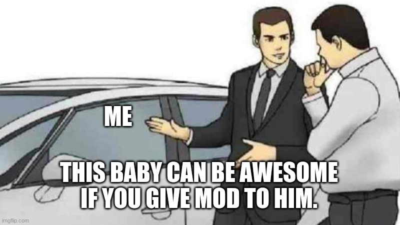 Car Salesman Slaps Roof Of Car | ME; THIS BABY CAN BE AWESOME IF YOU GIVE MOD TO HIM. | image tagged in memes,car salesman slaps roof of car | made w/ Imgflip meme maker