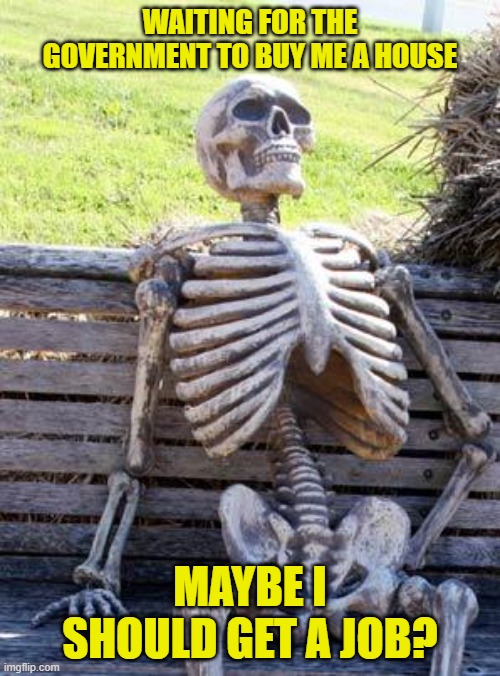 Government Housing | WAITING FOR THE GOVERNMENT TO BUY ME A HOUSE; MAYBE I SHOULD GET A JOB? | image tagged in memes,waiting skeleton,unemployed,employee of the month | made w/ Imgflip meme maker