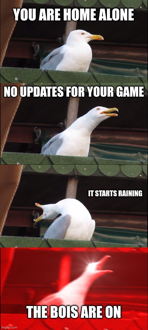 Inhaling Seagull | YOU ARE HOME ALONE; NO UPDATES FOR YOUR GAME; IT STARTS RAINING; THE BOIS ARE ON | image tagged in memes,inhaling seagull | made w/ Imgflip meme maker