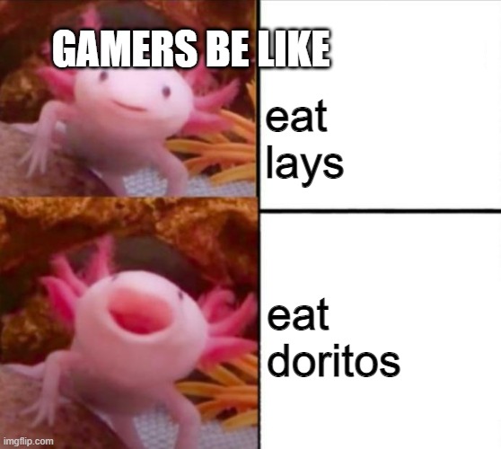 axolotl drake | GAMERS BE LIKE; eat lays; eat doritos | image tagged in axolotl drake | made w/ Imgflip meme maker