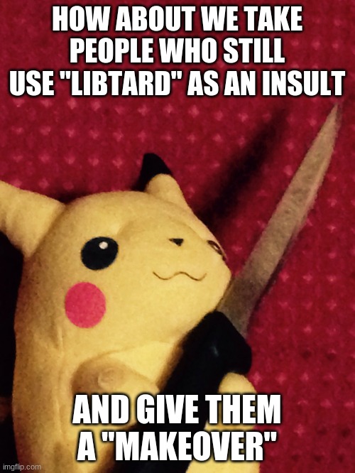 PIKACHU learned STAB! | HOW ABOUT WE TAKE PEOPLE WHO STILL USE "LIBTARD" AS AN INSULT AND GIVE THEM A "MAKEOVER" | image tagged in pikachu learned stab | made w/ Imgflip meme maker