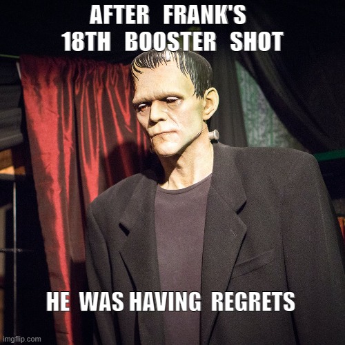 Frank's Biggest Regret | AFTER   FRANK'S   18TH   BOOSTER   SHOT; HE  WAS HAVING  REGRETS | image tagged in covid-19,vaccine,boosters | made w/ Imgflip meme maker