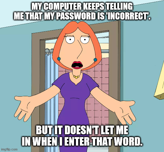 Geek Lois | MY COMPUTER KEEPS TELLING ME THAT MY PASSWORD IS 'INCORRECT'. BUT IT DOESN'T LET ME IN WHEN I ENTER THAT WORD. | image tagged in lois griffin,lois is computer illterate,incorrect password meme | made w/ Imgflip meme maker