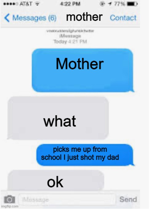 Blank text conversation | mother; Mother; what; picks me up from school I just shot my dad; ok | image tagged in blank text conversation | made w/ Imgflip meme maker