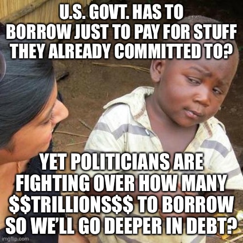 U.S. govt. has to borrow just to pay for stuff they already committed to…Yet? | U.S. GOVT. HAS TO BORROW JUST TO PAY FOR STUFF THEY ALREADY COMMITTED TO? YET POLITICIANS ARE FIGHTING OVER HOW MANY $$TRILLIONS$$ TO BORROW SO WE’LL GO DEEPER IN DEBT? | image tagged in memes,third world skeptical kid,political meme,united states debt,usa default on debt,usa borrowing | made w/ Imgflip meme maker