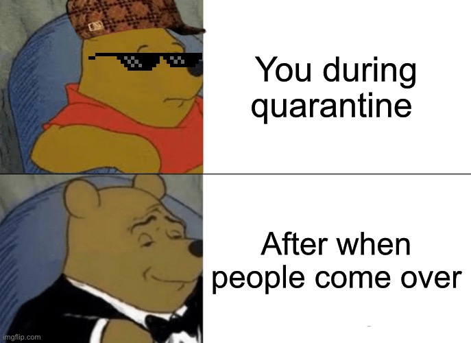 Fancy Winnie | You during quarantine; After when people come over | image tagged in memes,tuxedo winnie the pooh | made w/ Imgflip meme maker