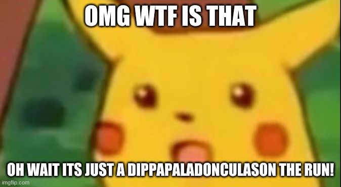 DIPPALADONCULAS | OMG WTF IS THAT; OH WAIT ITS JUST A DIPPAPALADONCULASON THE RUN! | image tagged in im cool what about u | made w/ Imgflip meme maker
