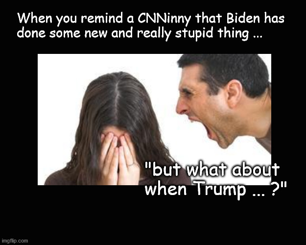 "but what about when Trump ... ?" | When you remind a CNNinny that Biden has
done some new and really stupid thing ... "but what about
when Trump ... ?" | image tagged in trump,cnn junkies | made w/ Imgflip meme maker