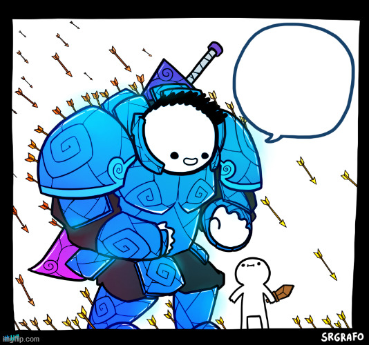 Meme Template | image tagged in strong armor dude,little dude,arrows | made w/ Imgflip meme maker