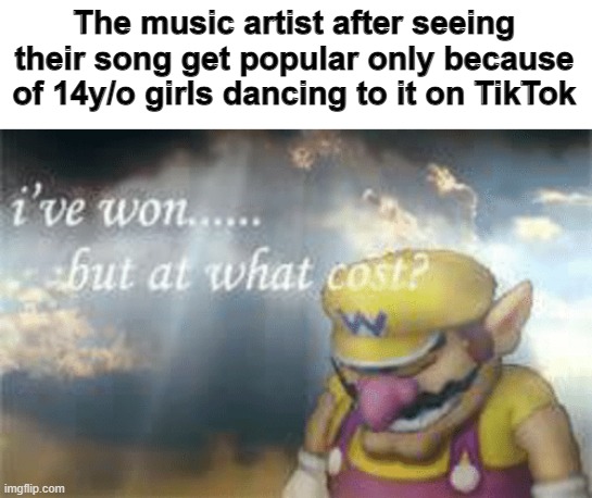 It's a sad day... | The music artist after seeing their song get popular only because of 14y/o girls dancing to it on TikTok | image tagged in i've won but at what cost | made w/ Imgflip meme maker