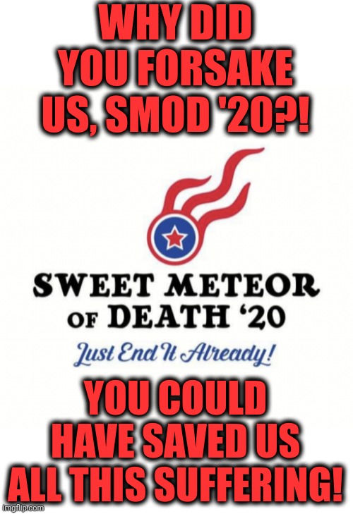 Any chance for a SMOD '21?! | WHY DID YOU FORSAKE US, SMOD '20?! YOU COULD HAVE SAVED US ALL THIS SUFFERING! | image tagged in memes,sweet meteor of death,2020 elections,forsake,suffering,democrats | made w/ Imgflip meme maker