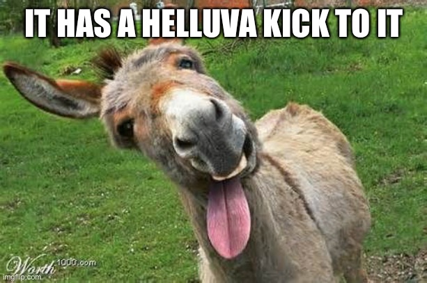Laughing Donkey | IT HAS A HELLUVA KICK TO IT | image tagged in laughing donkey | made w/ Imgflip meme maker