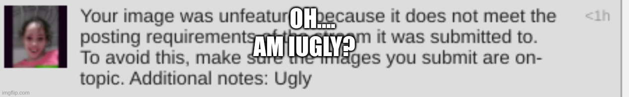 oh no... im getting a face lift soon;( | OH.... AM IUGLY? | image tagged in ugly,offensive | made w/ Imgflip meme maker