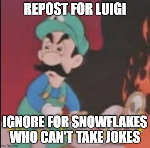 Pizza Time Stops |  REPOST FOR LUIGI; IGNORE FOR SNOWFLAKES WHO CAN'T TAKE JOKES | image tagged in pizza time stops | made w/ Imgflip meme maker