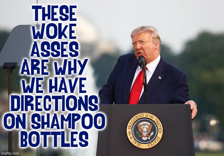 (For AOC voters) open top; pour generous portion into hand, massage... etc. | THESE
WOKE
ASSES
ARE WHY
WE HAVE
DIRECTIONS
ON SHAMPOO
BOTTLES | image tagged in vince vance,president trump,donald j trump,directions,shampoo bottle,memes | made w/ Imgflip meme maker
