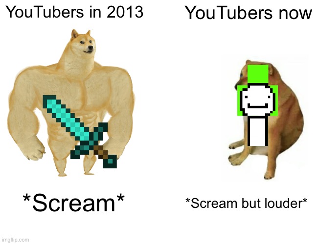 Minecraft YouTubers be like | YouTubers in 2013; YouTubers now; *Scream*; *Scream but louder* | image tagged in memes,buff doge vs cheems | made w/ Imgflip meme maker
