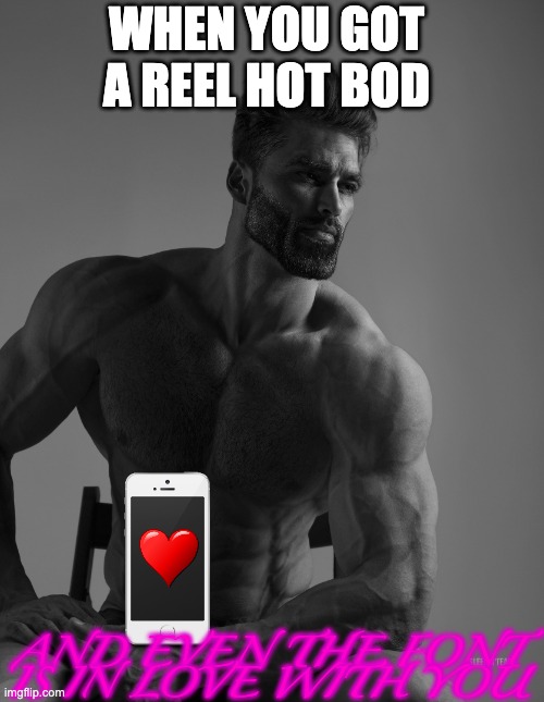 Giga Chad | WHEN YOU GOT A REEL HOT BOD; AND EVEN THE FONT IS IN LOVE WITH YOU | image tagged in giga chad | made w/ Imgflip meme maker
