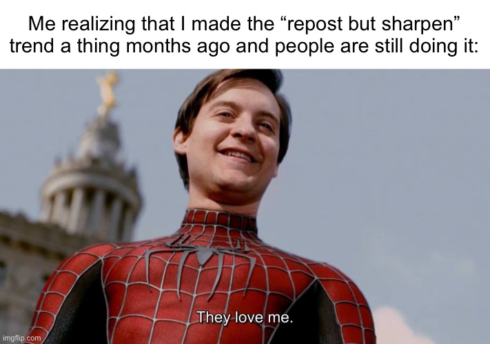 They Love Me | Me realizing that I made the “repost but sharpen” trend a thing months ago and people are still doing it: | image tagged in they love me | made w/ Imgflip meme maker