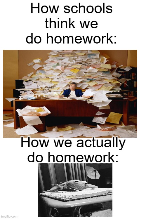 Blank White Template | How schools think we do homework:; How we actually do homework: | image tagged in blank white template | made w/ Imgflip meme maker