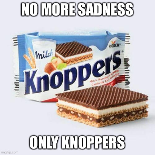 Knoppers | NO MORE SADNESS; ONLY KNOPPERS | image tagged in knoppers | made w/ Imgflip meme maker