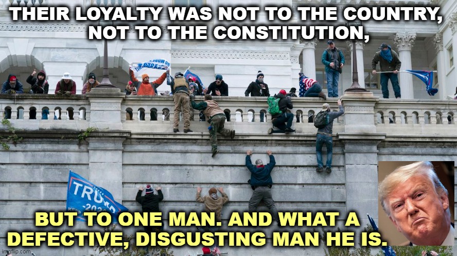Capitol Riot by invitation of Trump | THEIR LOYALTY WAS NOT TO THE COUNTRY, 
NOT TO THE CONSTITUTION, BUT TO ONE MAN. AND WHAT A DEFECTIVE, DISGUSTING MAN HE IS. | image tagged in capitol riot by invitation of trump | made w/ Imgflip meme maker