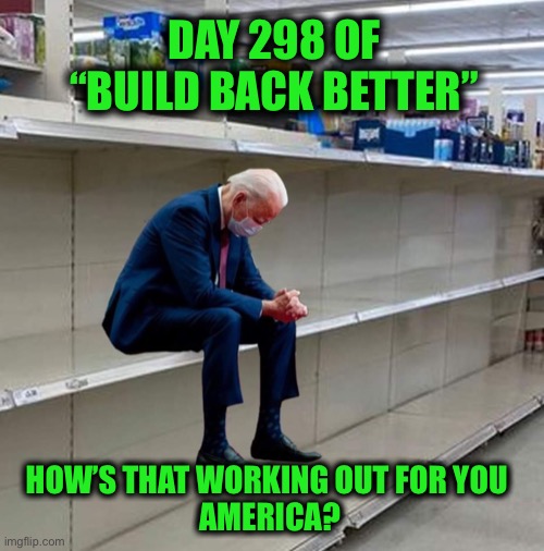 Will anyone admit to having buyer’s remorse? | DAY 298 OF
“BUILD BACK BETTER”; HOW’S THAT WORKING OUT FOR YOU 
AMERICA? | image tagged in joe shelves | made w/ Imgflip meme maker