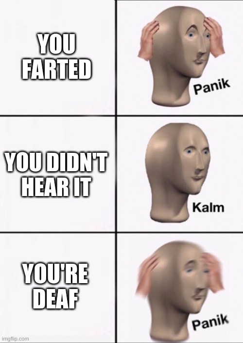 yes |  YOU FARTED; YOU DIDN'T HEAR IT; YOU'RE DEAF | image tagged in stonks panic calm panic | made w/ Imgflip meme maker