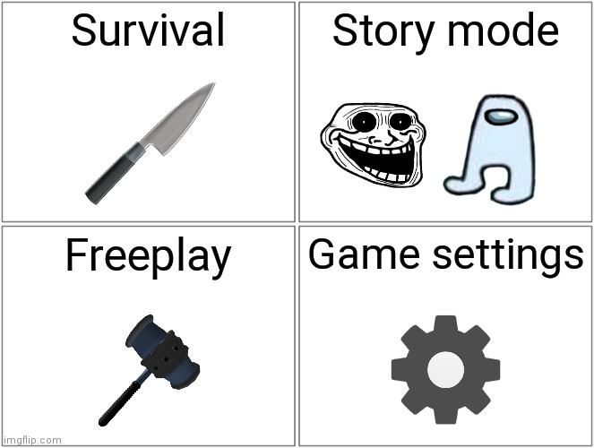 YVTVA menu |  Survival; Story mode; Freeplay; Game settings | image tagged in memes,blank comic panel 2x2 | made w/ Imgflip meme maker