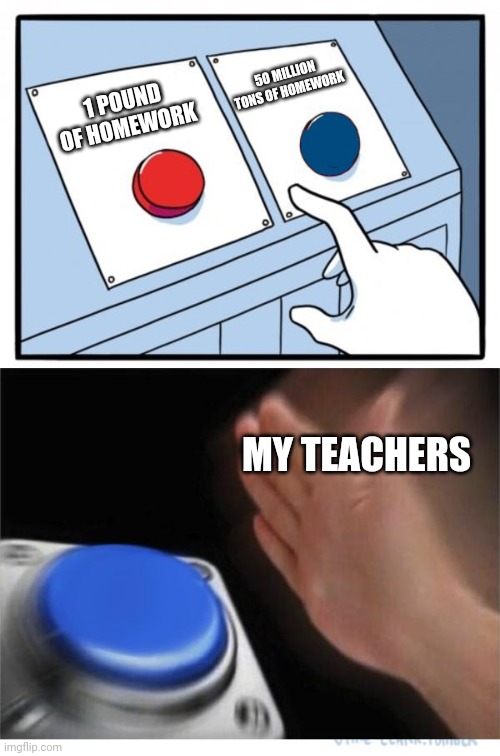 Every school day | 50 MILLION TONS OF HOMEWORK; 1 POUND OF HOMEWORK; MY TEACHERS | image tagged in two buttons 1 blue | made w/ Imgflip meme maker