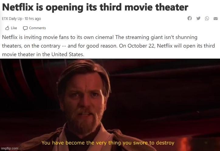 NETFLIX MOVIE THEATER | image tagged in you have become the very thing you swore to destroy | made w/ Imgflip meme maker