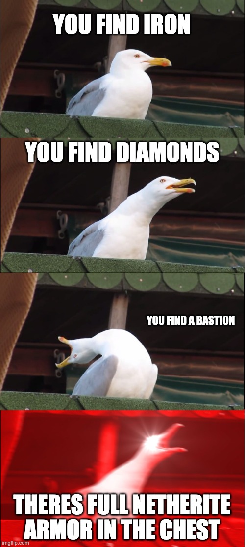 Minecraft in a nutshell | YOU FIND IRON; YOU FIND DIAMONDS; YOU FIND A BASTION; THERES FULL NETHERITE ARMOR IN THE CHEST | image tagged in memes,inhaling seagull | made w/ Imgflip meme maker