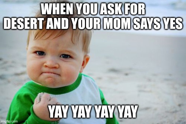 Success Kid Original | WHEN YOU ASK FOR DESERT AND YOUR MOM SAYS YES; YAY YAY YAY YAY | image tagged in memes,success kid original | made w/ Imgflip meme maker