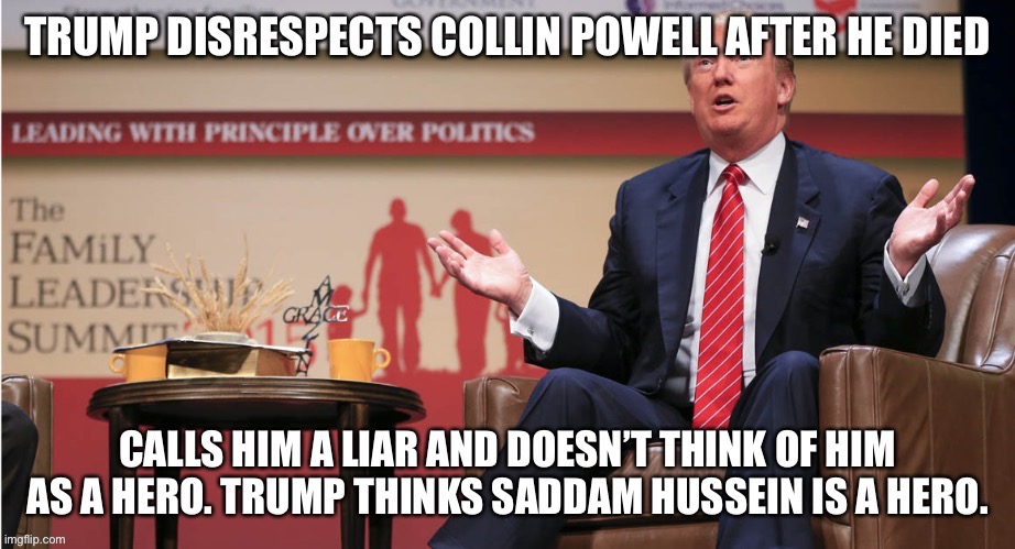 Trump hatred of another Deceased hero. | image tagged in donald trump,collin powell,john mccain,trump lost,covid19,saddam hussein | made w/ Imgflip meme maker
