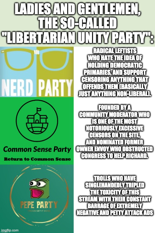 Vote Right Unity Party instead if you love free speech and hate censorship! | LADIES AND GENTLEMEN, THE SO-CALLED "LIBERTARIAN UNITY PARTY":; RADICAL LEFTISTS WHO HATE THE IDEA OF HOLDING DEMOCRATIC PRIMARIES, AND SUPPORT CENSORING ANYTHING THAT OFFENDS THEM (BASICALLY JUST ANYTHING NON-LIBERAL). FOUNDED BY A COMMUNITY MODERATOR WHO IS ONE OF THE MOST NOTORIOUSLY EXCESSIVE CENSORS ON THE SITE, AND NOMINATED FORMER OWNER ENVOY WHO OBSTRUCTED CONGRESS TO HELP RICHARD. TROLLS WHO HAVE SINGLEHANDEDLY TRIPLED THE TOXICITY OF THIS STREAM WITH THEIR CONSTANT BARRAGE OF EXTREMELY NEGATIVE AND PETTY ATTACK ADS | image tagged in memes,politics,election,campaign,censorship,libertarian | made w/ Imgflip meme maker