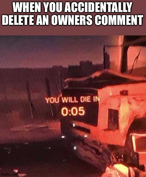 You will die in 0:05 | WHEN YOU ACCIDENTALLY DELETE AN OWNERS COMMENT | image tagged in you will die in 0 05 | made w/ Imgflip meme maker